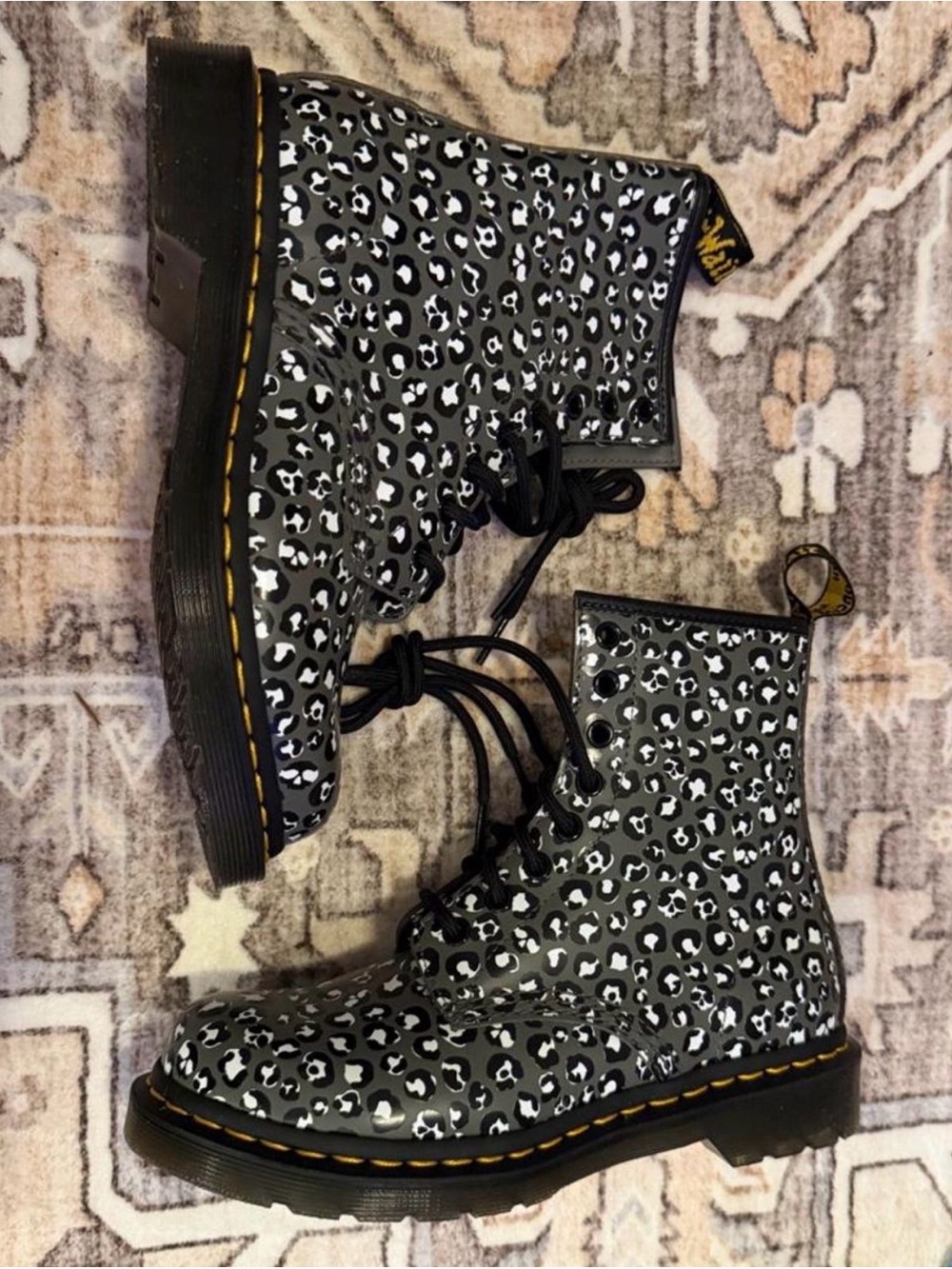 Dr. Martens Black and White Leopard-Print 8-Eye Lace-Up Boots